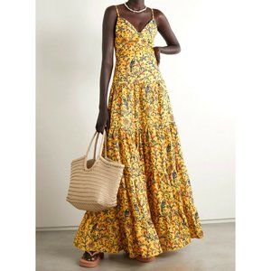 NEW Agua Bendita Narciso Ceramica Maxi Dress Linen Yellow Floral Bird Printed XS